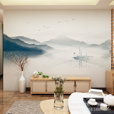 手绘新中式电视沙发背景墙大型壁画山水国画创意无缝壁纸墙纸墙布