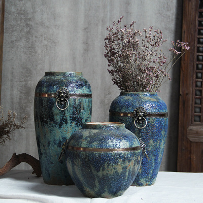 复古蓝中式陶瓷花瓶做旧陶罐客厅插花花器摆件粗陶花瓶三件套
