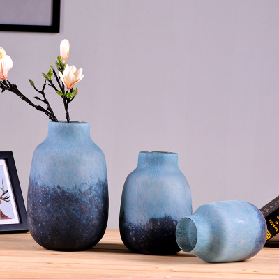 厂家直销 磨砂玻璃花瓶插花器 中式创意工艺品 软装家居装饰品