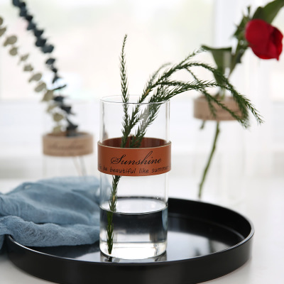 创意皮革玻璃花瓶 北欧简约透明花器 干花水培植物花瓶摆件