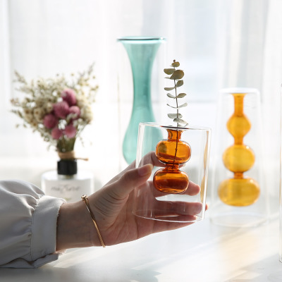 北欧简约双层彩色玻璃花瓶创意透明花瓶桌面摆件个性水培花器