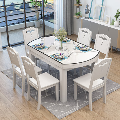 实木餐桌椅组合伸缩折叠圆桌现代简约家用带电磁炉钢化玻璃餐桌